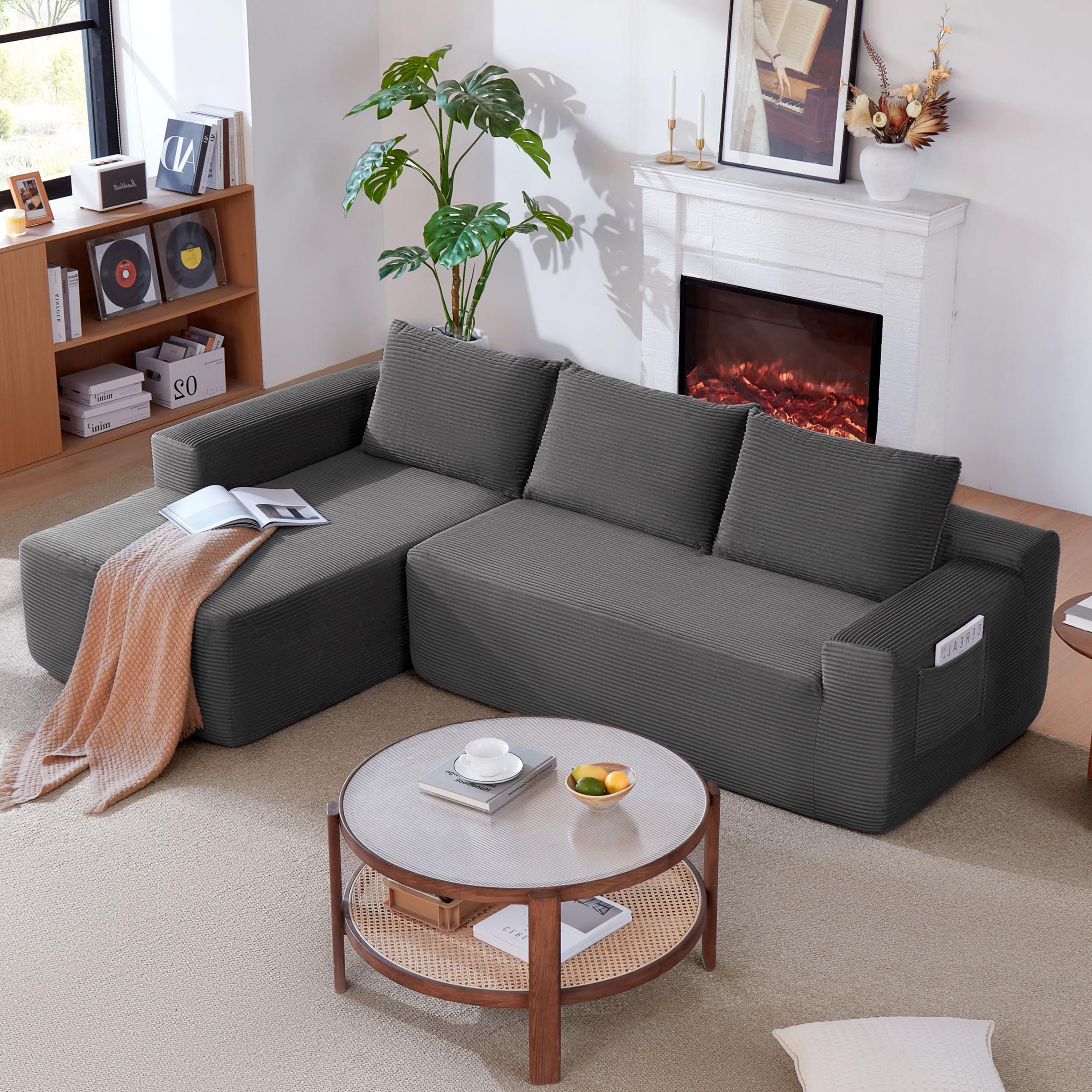 96.9" Cloud Sectional Couch With L-Shape Chaise,Modern Modular Sofa With Deep Seat, Upholstered Couches For Living Room Bedroom,No Assembly Required, (Corduroy Fabric),Black ,LEFT_voghion.com